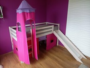 Vyvýšená detská posteľ GABI so šmýkačkou + 2 matrace v cene
