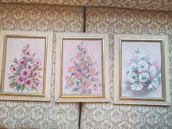 Tri obrazy kvetín – ručná olejomaľba