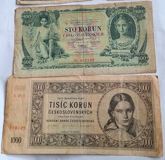 Bankovka 1000kčs 1945 a 100kčs 1931