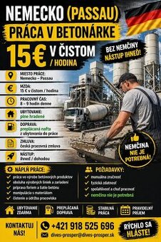PRÁCA V NEMECKU – BETONÁRKA (PASSAU) – 15€ V ČISTOM
