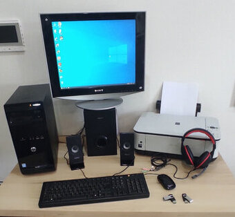 PC komplet s tlačiarňou, repro subwoofer, sluchátka, USB f