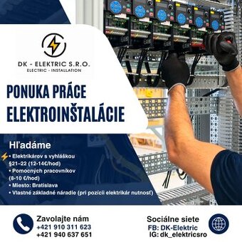 Ponuka práce  elektrikárov a pomocníkov – Bratislava