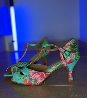 Modré/tyrkysové/kvetinové tanečné topánky, semišová podrážka