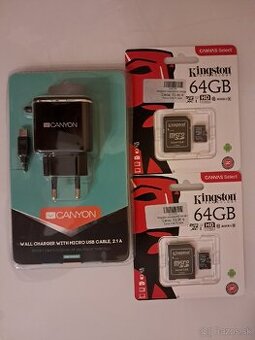2x Micro SDXC 64 GB Kingston plus Canyon nabíjačka.