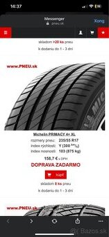 2ks pneumatíky Michelin PRIMACY 4+ XL 235/55 R17 Y103