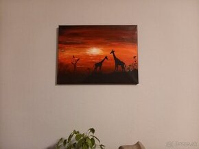 maľovaný obraz žirafy a západ slnka sunset
