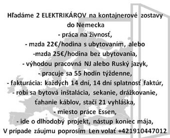 Hľadáme 2 ELEKTRIKÁROV na kontajnerové zostavy do Nemecka
