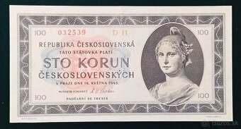 100 Kčs 1945 Vzácná série D 11 - nádherná stav 1+