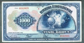 Staré bankovky 1000 korun 1932 NEPERFOROVANA, velmi pěkná