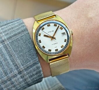 Československé mechanické vintage pánske hodinky PRIM Zlaté
