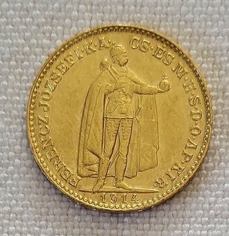 Zlatá uhorská 20 koruna FJI, 1914, so znakom Bosny, lepší ro
