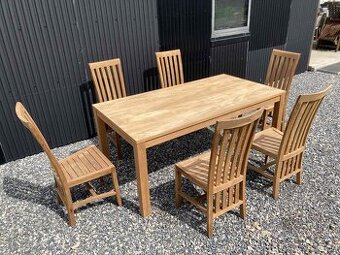 TEAK - Dreveny stol a 6 vysokych teakovych stoliciek
