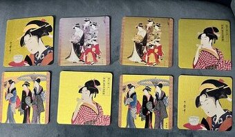 Vintage Ukiyoe Japanese Coaster Set of 8 Geisha Girl Gold Co