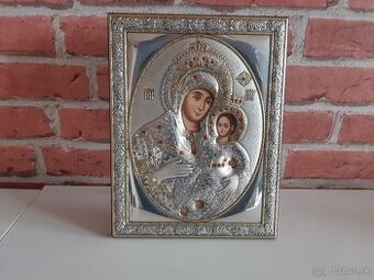 Ikona - strieborná a drevená, Panna Mária s ježišom