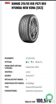 Predám pneumatiky Kumho 215/55/R18 95V