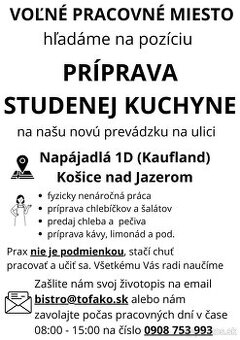 Príprava studenej kuchyne , Pomocná sila kuchyňa Košice Jaze