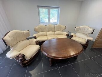 Kožená sedacia súprava kombinácia s drevom+ stôl