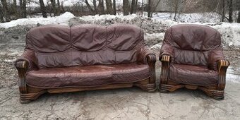 Kožená sedacia súprava 3+1 s masivným drevom