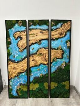 Machový troj obraz s olivovým drevom a epoxidom