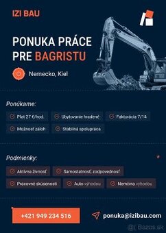 Ponuka práce Nemecko – 1x Bagrista (27 € / hod.)
