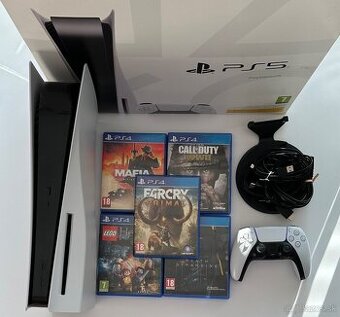 Playstation 5 + 1x ovládač + krabica + 5 hier