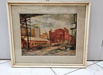Rozvodňa v Niklovej Huťi 1962 olejomaľba