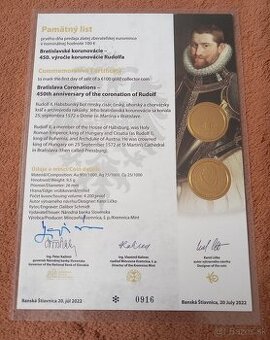 Predám pamätný list Korunovácia Rudolfa ku zlatej minci