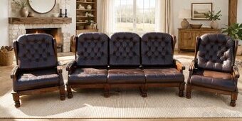 Kožená sedacia súprava 3+1+1 s mas.dubovým drevkm