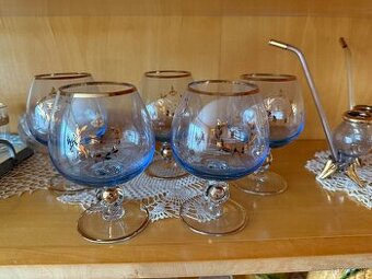 Modré retro poháre so zlatým lemom – 5 ks (70.–80. roky)