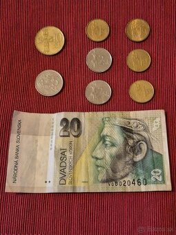 Slovenské korunové mince a 20 Sk bankovka