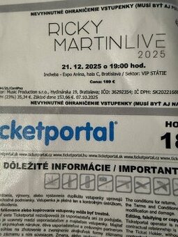 Predam VIP vstupenky na koncert Ricky Martin 21.12.2025