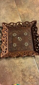 Starožitná drevená vyrezávaná misa s intarziou - 1