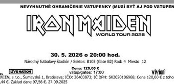 Predám 1 lístok na koncert Iron Maiden – Bratislava