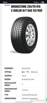 Predám 4ks 255/70 r15 C Bridgestone M+S