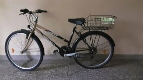 Dámsky bicykel s nosičom a košíkom.