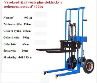 Plne elektrický vysokozdvižný vozik s pohonom, nosnost 400kg