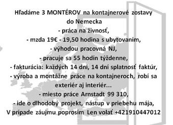 Hľadáme partiu Montérov na kontajnerové zostavy do Nemecka