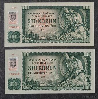 100 Kčs 1961 + SK kolok, stav N (UNC)