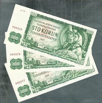 Sestava bankovky 100 kčs 1961 - 3 ks ČÍSLA PO SOBĚ, bezvadné
