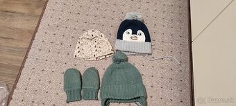 Zimné čiapky na šnúrky 86/92, rukavice, prechodná čiapka