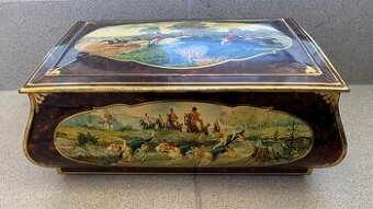 Starožitná plechová krabička poľovnícky motív