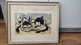 Obraz, Milan Paštéka, Dedina, farebná litografia