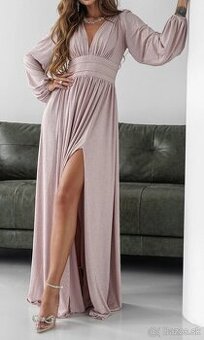 Béžové trblietavé šaty s dlhými rukávmi 46/XXL