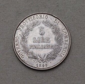 5 Lira 1848 Taliansko - Miláno - Nádherná - striebro 