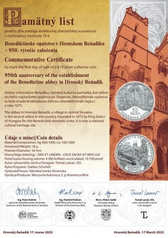 pamätný list + 10€ minca v BK Benedikt. opátstvo