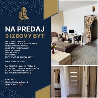 3 IZBOVÝ BYT NA PREDAJ SÁSOVÁ