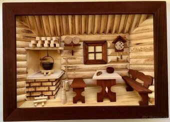 Drevený obraz slovenská izba, kuchyňa, chata, chalupa