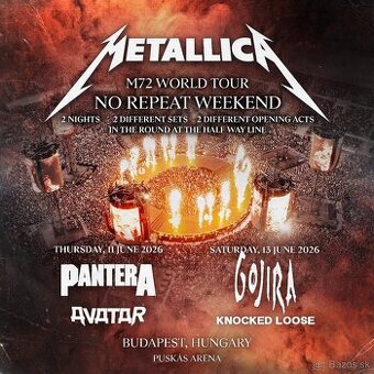 Lístky Metallica Budapešť 13. Jún 2026 (sobota)