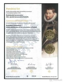 Predám pamätný list Rudolf ku zlatej minci 100 eur