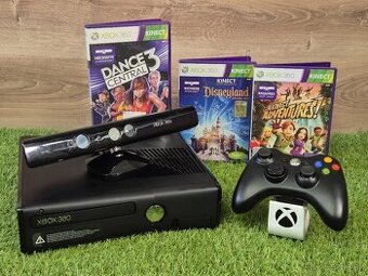 Xbox 360 Slim, 1 ovládač, kinect, 3 pohybové hry